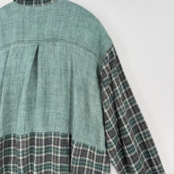 Lagenlook Button Down Shirt Womens 2XL Mens XL Green Unisex Hippie Hobbitcore - Picture 9 of 12